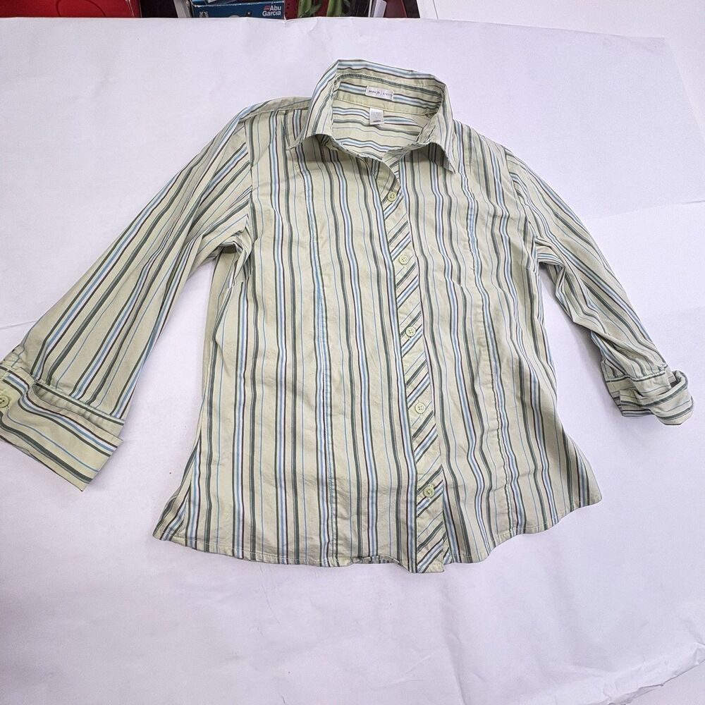 Old Navy Perfect Fit Stretch Womens M Button Down Shirt Green Striped